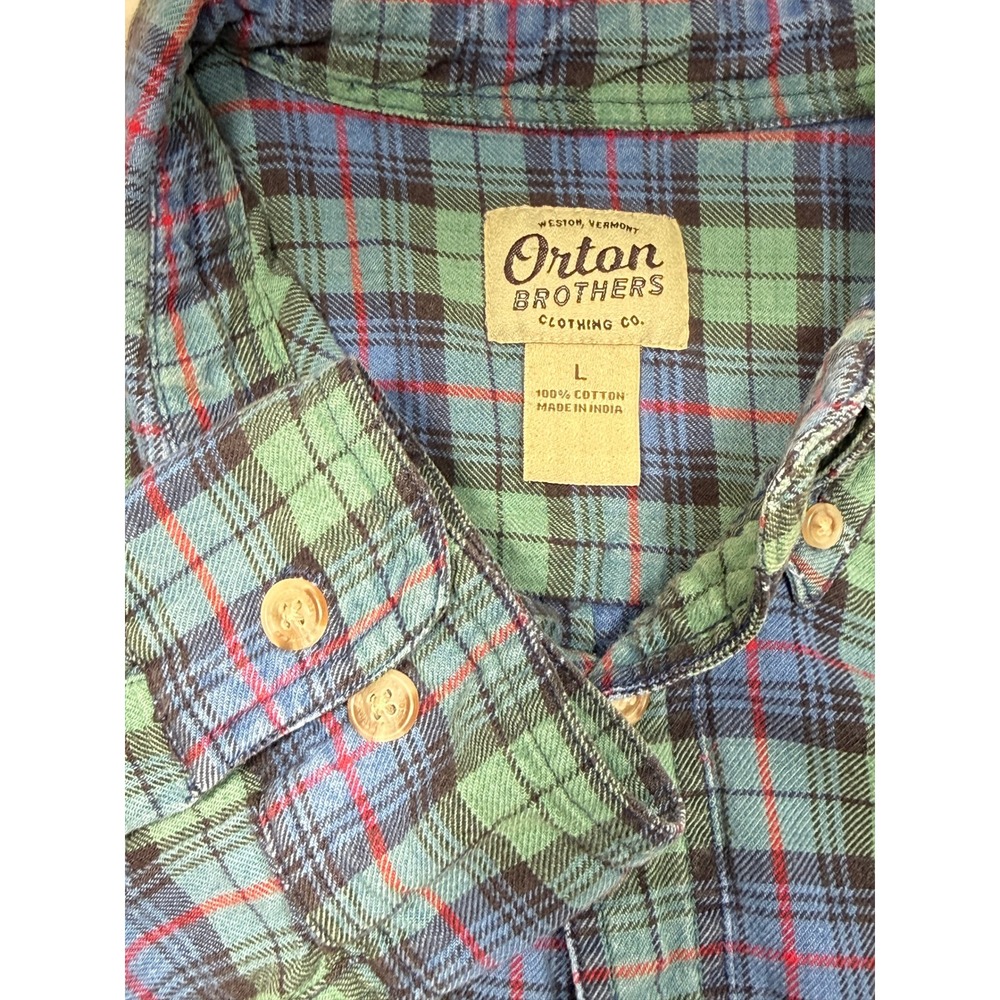 Orton‎ Brothers Mens Large Y2K Green Blue Plaid Flannel Button Down Shirt Cotton